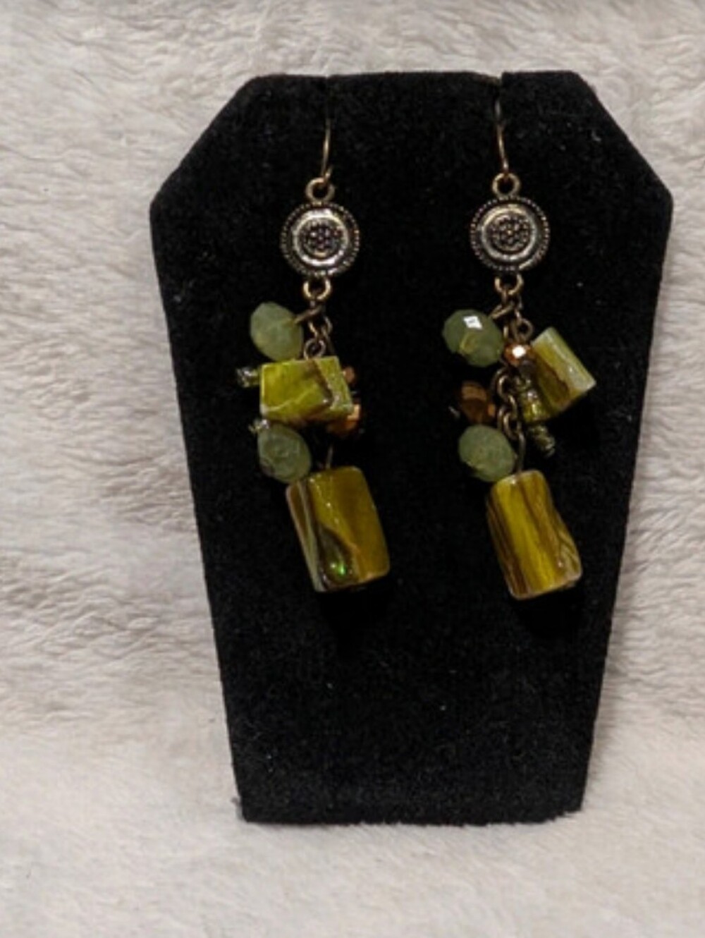 Bohemian olive green abalone/shell & beaded cluster drop earrings